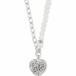 Brighton Contempo Heart Pearl Charm Necklace Silver-Pearl Clearance