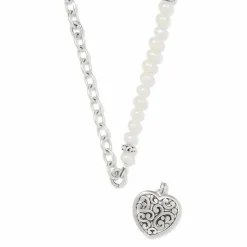 Brighton Contempo Heart Pearl Charm Necklace Silver-Pearl Clearance