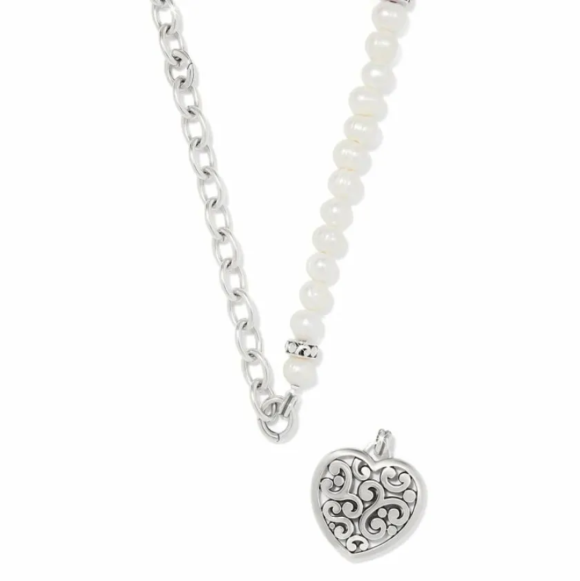 Brighton Contempo Heart Pearl Charm Necklace Silver-Pearl Clearance