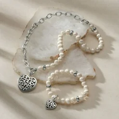 Brighton Contempo Heart Pearl Charm Necklace Silver-Pearl Clearance