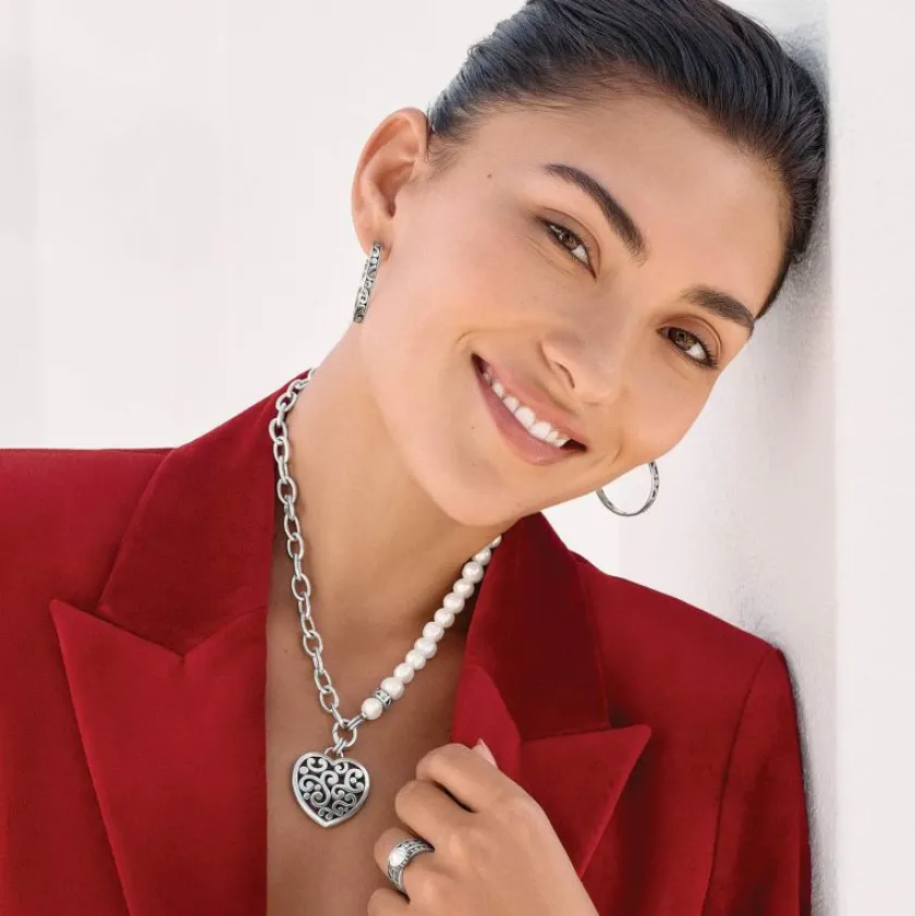 Brighton Contempo Heart Pearl Charm Necklace Silver-Pearl Clearance