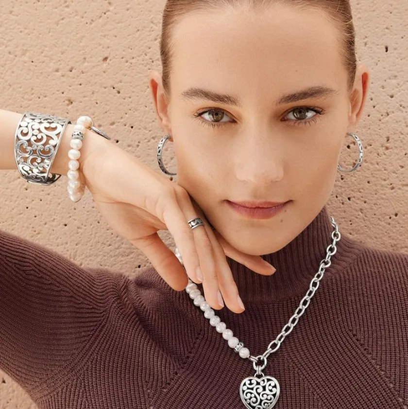 Brighton Contempo Heart Pearl Charm Necklace Silver-Pearl Clearance