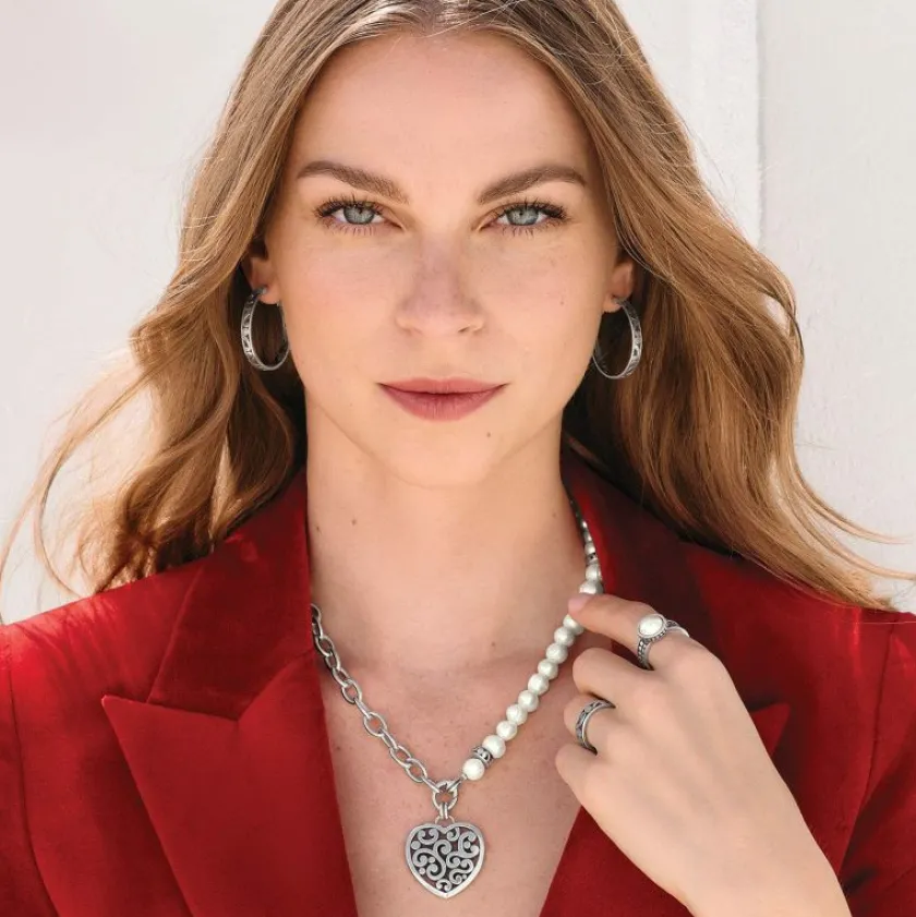 Brighton Contempo Heart Pearl Charm Necklace Silver-Pearl Clearance