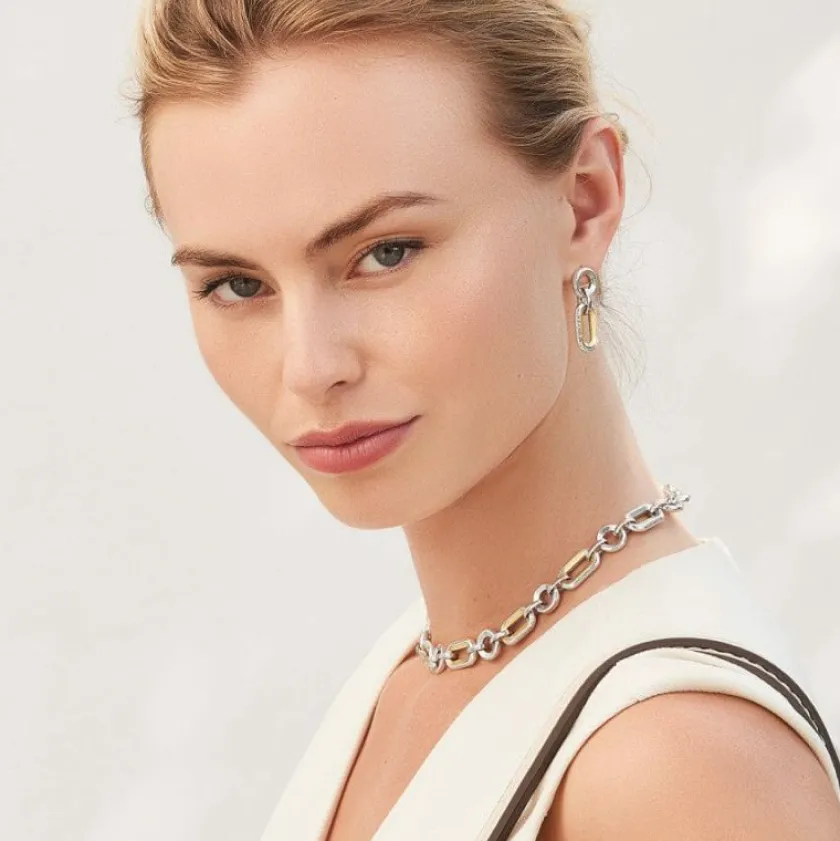 Brighton Medici Two Tone Link Post Drop Earrings Silver-Gold Outlet