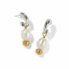 Brighton Meridian Petite Pearl Two Tone Post Hoop Earrings Silver-Pearl New