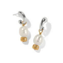 Brighton Meridian Petite Pearl Two Tone Post Hoop Earrings Silver-Pearl New